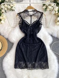 Casual Dresses SsTss Women Sexy Black Mesh Lace Mini Bodycon Dress Elegant Cut Out O Neck Sleeveless Backless Slim Hollow Night Club Robe