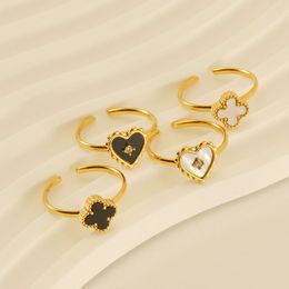 Heart shaped clover pattern stainless steel open ring with adjustable opening jjewelry Valentine's Day gift