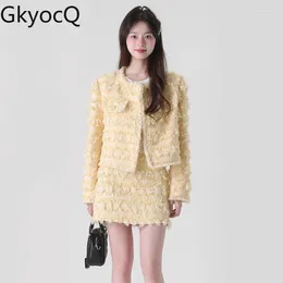 Work Dresses GkyocQ 2024 Spring Women Two Piece Sets Sweet Girls Style O Neck Long Sleeve Tweed Coat High Waist A Line Short Skirt