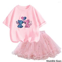 Clothing Sets Korean Style Girls 2024 Summer 2 Piece Cute Stitch T-shirt And Tutu Skirt Set Party Clothes