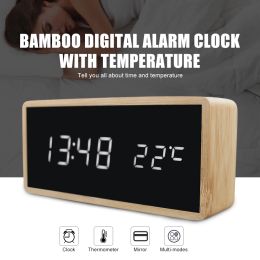 Clocks Original Bamboo Wooden Alarm Clock LED Display With Mirror Temperature Digital Watch Desktop Digital Table Clock