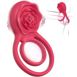 Vibrating Cock Ring with RoseClitoral Stimulator Male Penis Vibrator Delayed Ejaculation Couples Adult Sex Toys for Men 240412