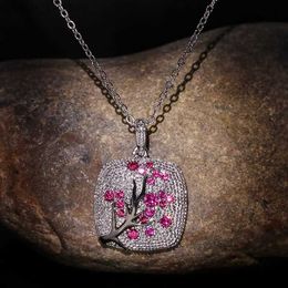 Pendant Necklaces Fine Jewelry red zircon Leaves branch For Women Sparkling Pink Cherry Tree Delicate Fashion H240426