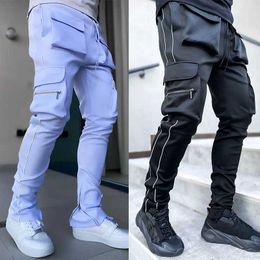 Men's Pants Spring and Autumn Workwear Pants Mens Fashion Brand Elastic Multi-Bag Reflective Straight Sports Casual Trousers T240425