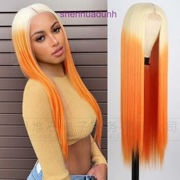 Womens wig womens medium length straight hair golden orange gradient U-shaped lace headband cosplay Wi