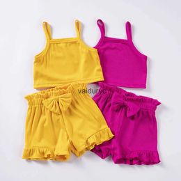 Clothing Sets Toddler Girls Short Sleeve Suits Solid Colour Sleeveless Camisole Tops Elastic Waist Ruffle Hem Shorts 0-3Y Baby Girl Clothes H240426