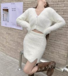 Work Dresses Mink Cashmere Sweater With Short Skirt Set Cardigan For Women Autumn And Winter Small Stature Top Coat High-End JZ248