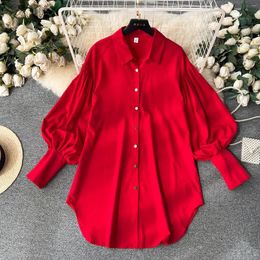 Women's Blouses European Autumn Vintage Turn-Down Collar Loose Shirt Dress Spring Lantern Long Sleeve Single-Breasted Tops