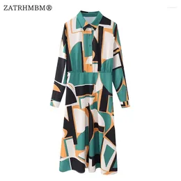 Casual Dresses ZATRHMBM Women 2024 Autumn Fashion Geometric Printed Dress Vintage Long Sleeve Button Up Elegant Female Vestidos Mujer