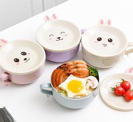 Cartoon creative rabbit bowl doublelayer thickened antiscald instant noodle with lid spoon instant191v2871371