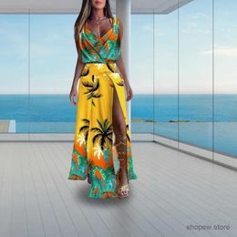 Basic Casual Dresses Floor-Length Trendy Summer Leaves Print Cocktail Bohemia Long Dress Anti-pilling Boho Dress Waist Tight Holiday Sundress