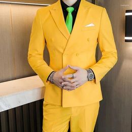 Men's Suits Fashion Yellow Double Breasted Men Suit Smart Casual Slim Fit Blazer Hombre Business High Quality Custom 2 Piece Costume Homme