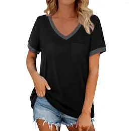 Women's T Shirts Solid Color T-Shirt V Neck Short Sleeve Cotton Loose Pocket Simple Design Blouse T-Shirts