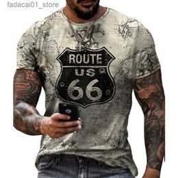 Men's T-Shirts Fashion Vintage 3D Print Mens T-shirts Summer US Route 66 Letters Unisex Clothes O Collar Casual Street Loose Oversized T Shirt Q240426