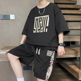 2024 Korean Fashion Men Short Sets Casual Suit Letter Print Tshirts Shorts 2 Piece Summer Tracksuit Y2k Sprotswear 240419