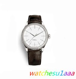 Hot Mens Watches Cellini 50505 Series Silver mechanical watch Brown leather Strap White Dial automatic men watches Male Wristwatches