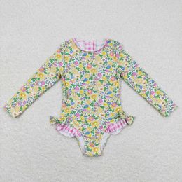 Wholesale Baby Girl One Piece Long Sleeves Swimming Suit Children Toddler Summer Inner Floral Ruffle Swimwear Infant Swimsuit 240415