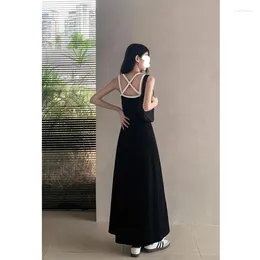 Casual Dresses Black Strap Dress 2024 Summer Open Back Long French Waist A-line Versatile Round Neck