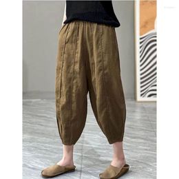 Women's Pants Cotton Linen Solid Elastic Waist Loose Casual Vintage Clothes Korean Style Harajuku Trousers Lantern Women Clothing