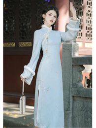 Casual Dresses Chinese Style Vintage Qipao Plush For Women Light Blue High Quality Embroidered Dress Fall/Winter Long Sleeve Vestidos
