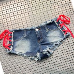 Women's Shorts 2023 Women Sexy Split Denim Shorts Side Bandage Ultra-low Rise Jeans Shorts Nightclub Pole Dancing Hot Pants Y240425