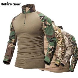 Tactical T-shirts ReFire Gear Camo Military T-shirt US RU Soldier Combat Tactical T-shirt Military Force Multi Camo Long sleeved T-shirt 240426
