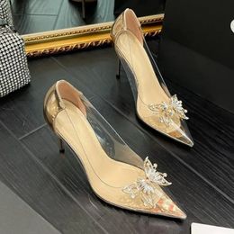 Pointed Crystal Fairy Ladies Wind Sandals Rhinestone Butterfly-knot Transparent High Heel Women Fashion Shoes 240425