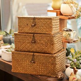 Storage Bags 3pcs Convenient Hand Woven Multi-use Premium Seagrass Basket With Lid Toy Organizer For Home