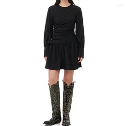 Casual Dresses Autumn And Winter Black Seersucker Pleated Round Neck Long-sleeved Dress For Women Mini