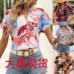 Women's T Shirts Fashion Style Summer Elegant Amazon Cross-Border Clothing Printed V-neck Short Sleeve Top