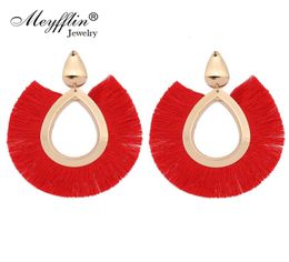 Meyfflin Silk Tassel Drop Earrings for Women Bohemian Geometric Oval Fringed Statement Earring Jewelry Gold Color Dangle Brincos4868688