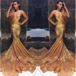 Spaghetti Sequins Straps Gold Mermaid Long Prom Dresses Black Girls Backless Sweep Train Formal Party Evening Gowns Bc