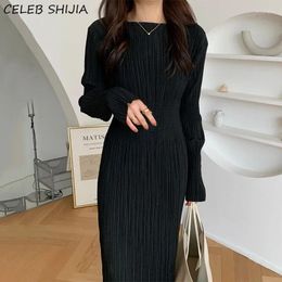 Casual Dresses Korean Chic Stretch Dress For Woman O-neck Elastic High Waist Pleated Vestido Elegant Spring Long-sleeved