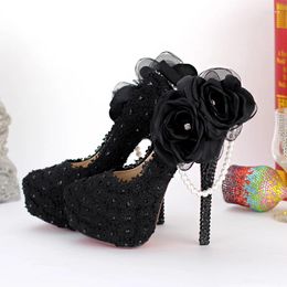 Dress Shoes Black Lace Appliqued Evening Beautiful Side Appliques Party Prom High Heels Flowers Pearl Bridesmaid Platforms