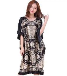 Women's Sleepwear Novelty Print Black Female Satin Robe Dress Nightgown Novelty Womens Kaftan Bath Gown Summer Lounge Homewear Plus Size 6XL Y240426