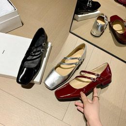 Casual Shoes French Square Head Low Heel Shallow Flat Button Silver Shoe Girls Fashion 2024 Solid Color Comfortable