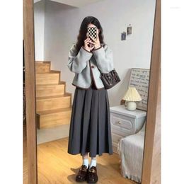 Work Dresses Women Two-piece Retro Color Matching Cardigan Thin Pleated Skirt Small Fragrance Commuter Single Breasted Coat