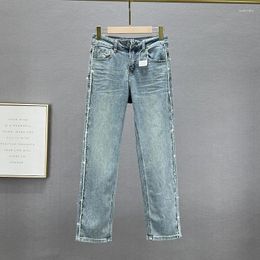 Women's Jeans Cropped 2024 Spring Stretchy Slim Jean Pants Girls Rhinestone Straight Skinny Trousers Students Denim