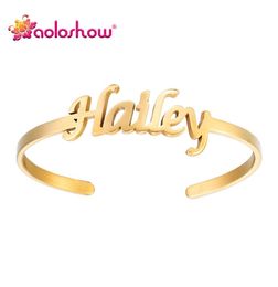 Stainless Steel Custom Personalised Name Bracelets Cuff Bangles for Women Men Gold Colour Handwriting Script Nameplate Bracelet B6555353