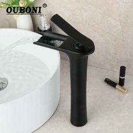 Bathroom Sink Faucets OUBONI Matte Black Basin Faucet Painting Counter Top Water Mixer Tap Solid Brass Waterfall Wash