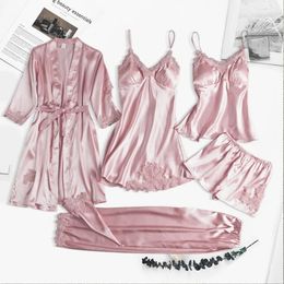 5PC Silk Robe Sleep Suit Womens Lace Satin Pajamas Gown Set V-Neck Cami Nighties Wear Pijama Home Nightwear Spring Nightdress 240415