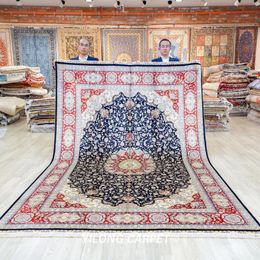 Carpets 7'x10' Handmade Qum Hand Knotted Persian Floral Blue Silk Rug (TJ564A)