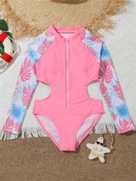 One Piece Girls Swimsuit Pink Print Long Sleeve Children Swimwear Summer Hollow Out Kids Beach Swimming Bathing Suit 240415