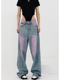 Women's Jeans Pink Blue Color Contrast Design Summer Chic Hiphop Streetwear Female High Waist Straight Wide Leg Denim Pants