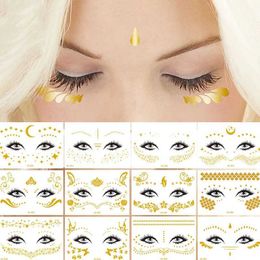 Tattoo Transfer Glitter Stickers Face Tattoo Flash Gold Temporary Metalic Tattoos Waterproof Makeup Decals for Girls Party Music Festival 240426