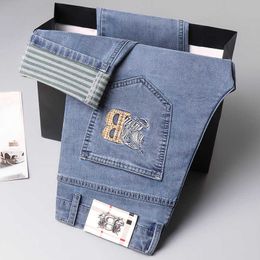 Summer 2024 Thin Denim Pants for Men with Elastic Slim Fit Straight Tube Embroidery Soft Light Luxury Fashionable and Versatile Brand