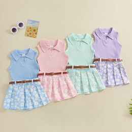 Clothing Sets Kid Girl Summer Outfit Solid Colour Ribbed Sleeveless Tank Tops And Daisy Print Pleated Skirts With Belt 2Pcs Clothes Set