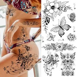 Tattoo Transfer Realistic Black Rose Flower Temporary Tattoos Women Beauty Fake Waterproof Tatoo Body Art Arm Leg Floral Peony Tattoo Stickers 240427