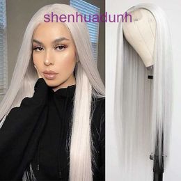 Platinum white wig long straight hair heat-resistant Fibre synthetic lace free fashionable womens Christmas party
