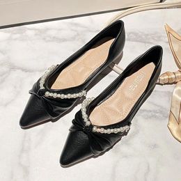 Casual Shoes 2024 Black Work Pointed Flat Women's Beaded Soft Leather Bottom Comfortable Office For